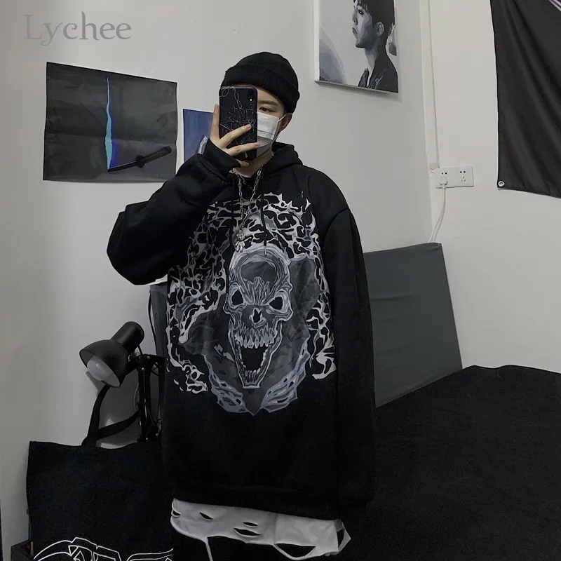 Lychee Harajuku повседневные свободные женские флисовые толстовки молния череп Женские флисовые толстовки с капюшоном осень зима леди с капюшоном Топ