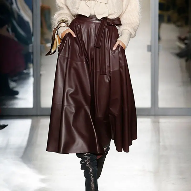 

Fashion Korean Style Women's Skirt High Waist Lace Up Solid Large Size Autumn Leather Skirts 2019 New