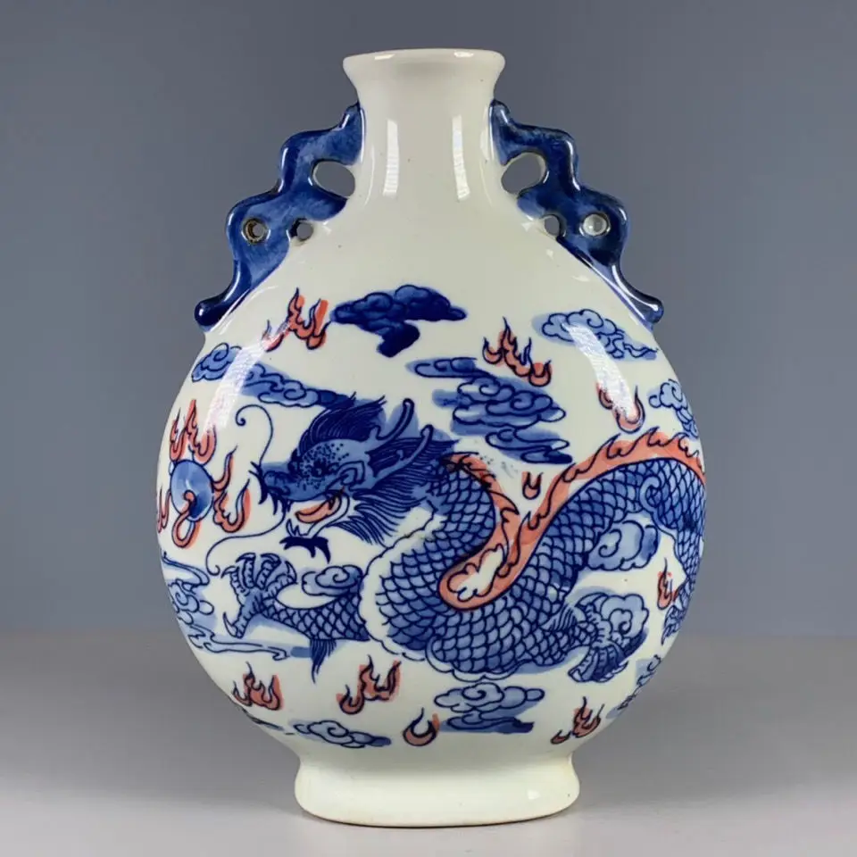 Collezione Di Blu E Bianco Underglazed Red Dragon Double Ear Flat Belly Vaso Qianlong Periodo Della Dinastia Qing