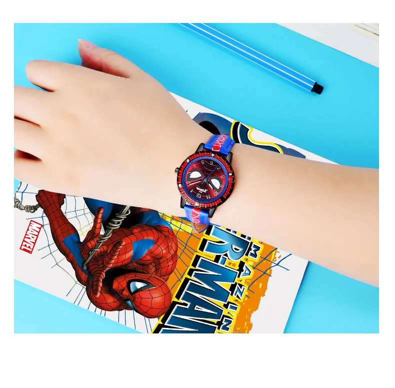 Детские Кварцевые часы disney Marvel с изображением Человека-паука, Мультяшные указатели, детские часы для мальчиков, водонепроницаемые, 3 бар, сплав, стекло