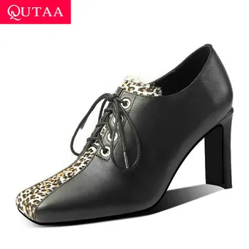

QUTAA 2020 Square High Heel Fashion Lace Up Women Single Shoes patchwork Cow Leather Leopard Horse Hair Ladies Pumps Size 34-39