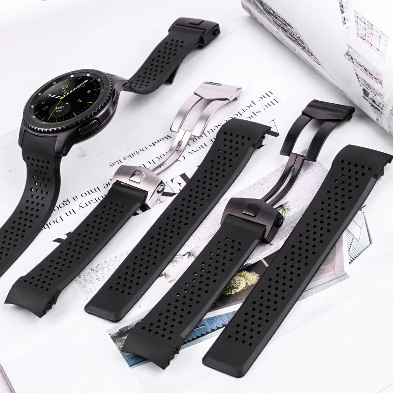 22 мм Топ резиновая кривая ремешок для samsung gear S3 Galaxy watch 46 мм силиконовые браслеты серебро Нержавеющая сталь складной ремешок с пряжкой