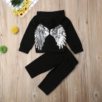 

Toddler Kids Baby Girl Clothes Set Outfits Autumn Winter Black Long Sleeve Hooded Tops Pants Tracksuit Sequin With Wings 2PCs