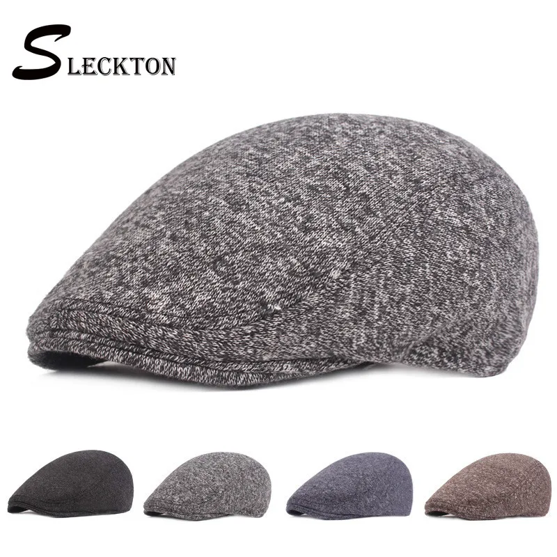 SLECKTON хлопковый берет вязаная плоская кепка Зимняя Толстая теплая шапка Ретро