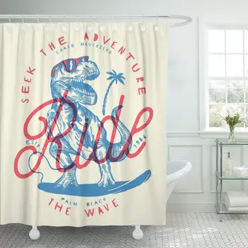 

Surf Ride The Wave Dinosaur Surfer Drawing Vintage Graphic Shower Curtain Waterproof Polyester Fabric 72 x 72 Inches with Hooks