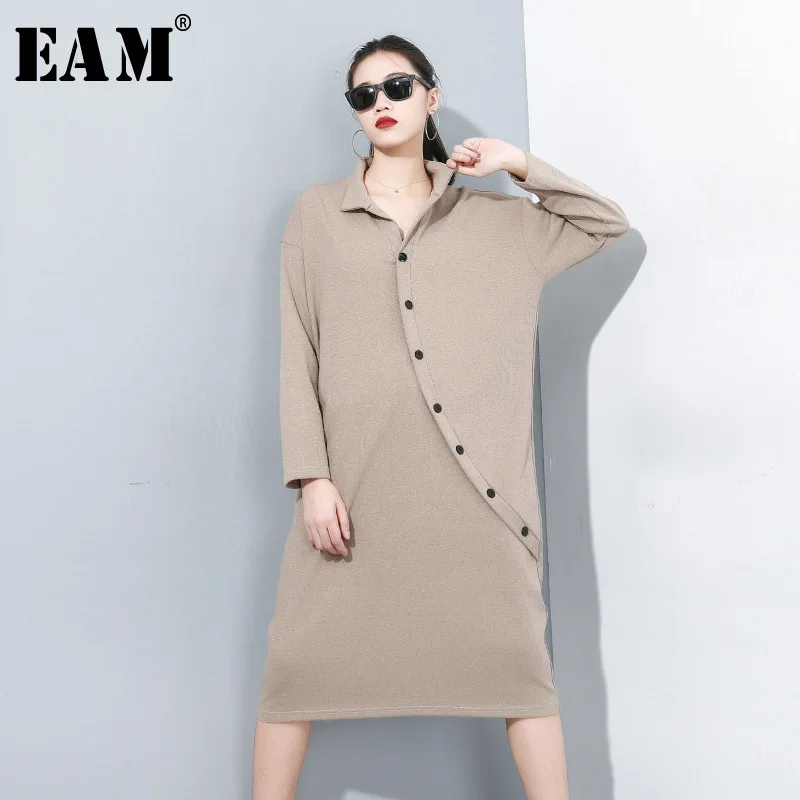 

[EAM] Women Khaki Oblique Button Knitting Big Size Dress New Lapel Long Sleeve Loose Fit Fashion Spring Autumn 2019 JZ493