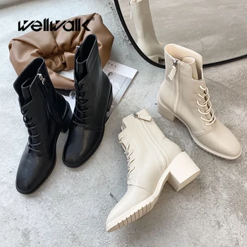 

Block Heel Ankle Boots Women Winter Shoes Pointed Toe Women's Boots Leather PU Female Lace Up Military Boots Woman 2020 Brand