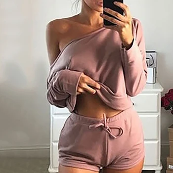 

Fashion Women Single Shoulder Loose Drawstring Sweatshirt Shorts Solid Color Casual Long Sleeve Sweatshirt Set