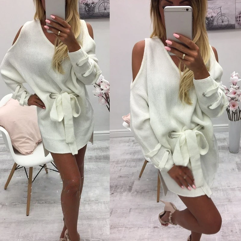 

Womens Dress Autumn Casual Dress Female Long Sleeve V Neck Solid Loose Elastic Lace Up Ladies Dress