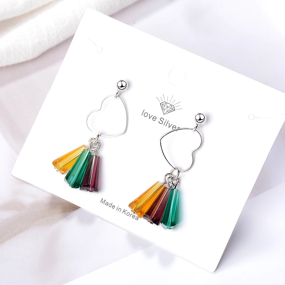 

925 Sterling Silver Love Heart Earrings Multicolored Crystal Rainbow Tassel Earrings For Women S-E659
