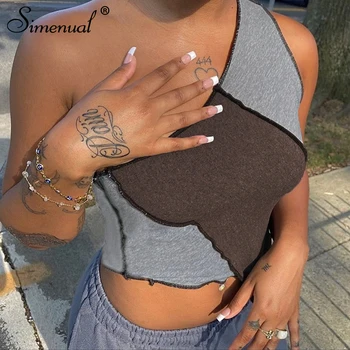 

Simenual Ribbed Knitted Patchwork Women Tank Tops One Shoulder Sleeveless Asymmetrical Top Bodycon Club Party Fashion 2020 Tanks