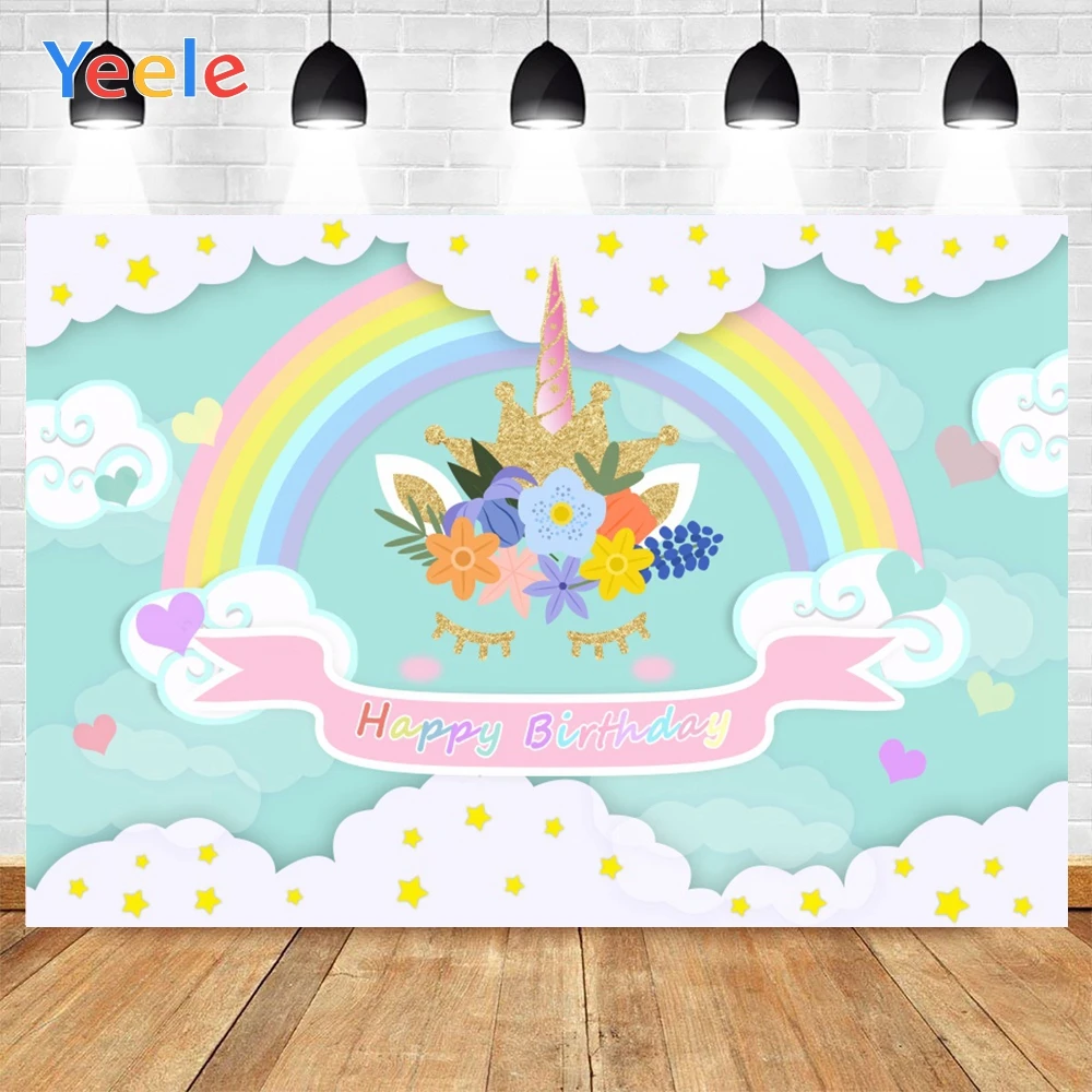 

Yeele Happy Birthday Unicorn Rainbow Star Cloud Backdrop Photophone Photography Baby Photo Studio for Decoration Customized Size