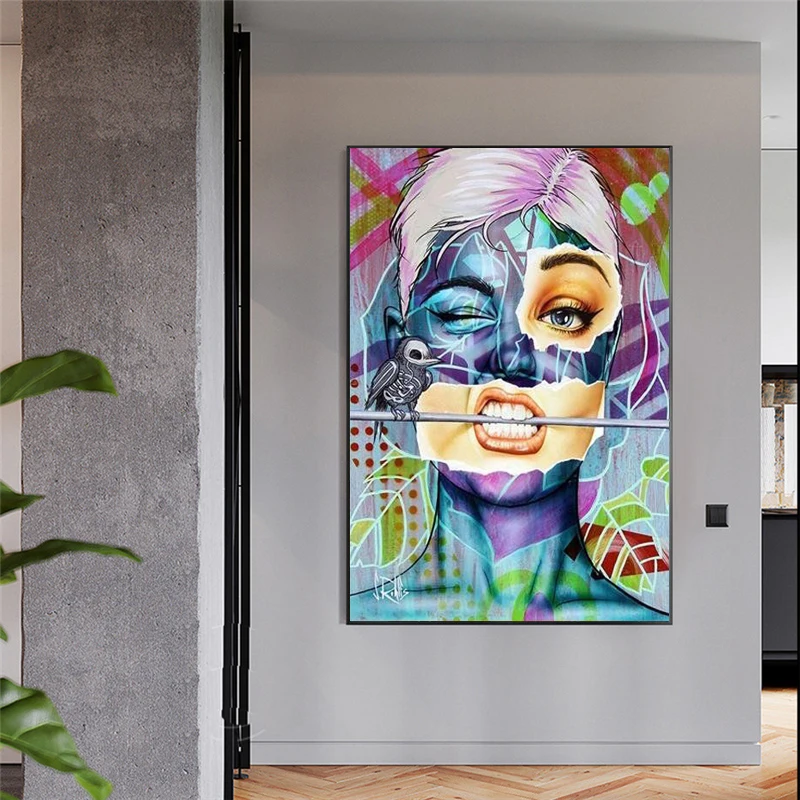 

Abstract Funny Birdie with Women Art Canvas Painting Cuadros Posters Print Wall Art for Living Room Home Decor