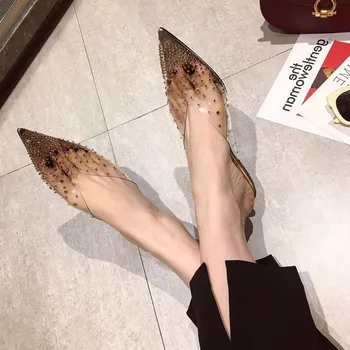 

2020 NEW Outer wear Women Slides Pointed toe Woman Summer Shoes Joker Rhinestone Med Heel Mules Gold SIlver