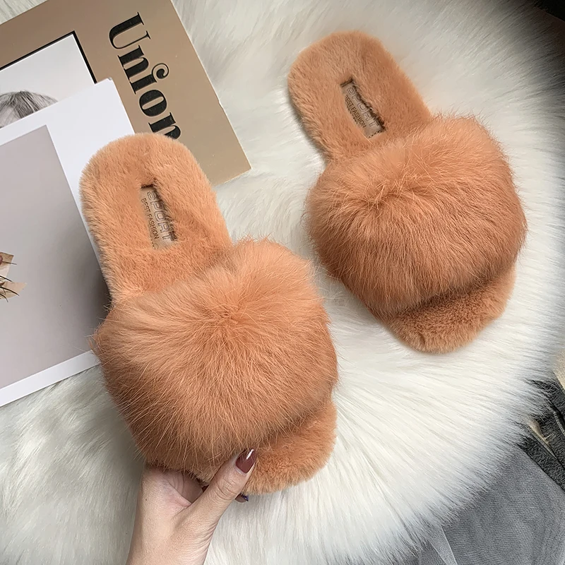 Hot Sale Women Slippers Fashion Fluffy Faux Fur Plush Slippers Women Spring Autumn Slides Flip Flops Flat Shoes 35-40 g754 - Цвет: Оранжевый