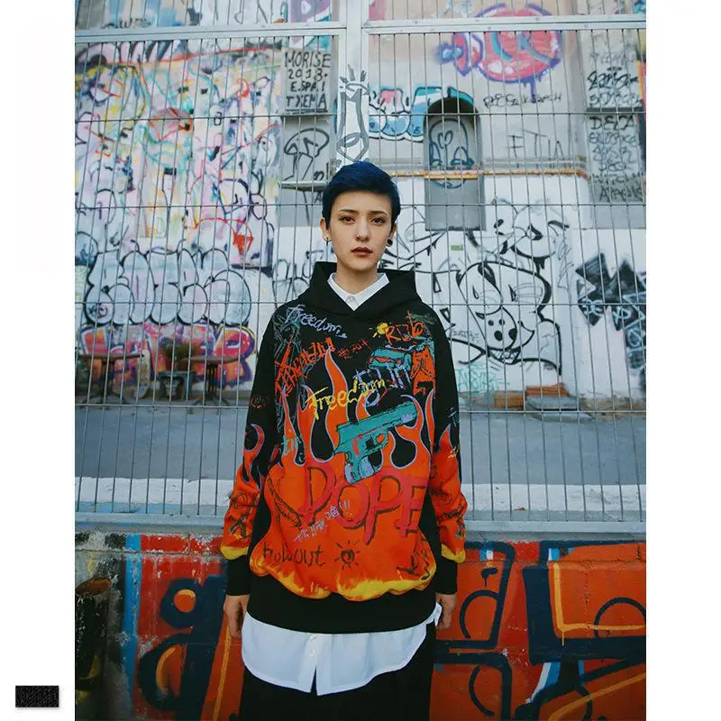 

Tide Brand Street Personality Graffiti Print Hooded Loose Men Streetwear Hoodie Hip Hop Men Hoodie