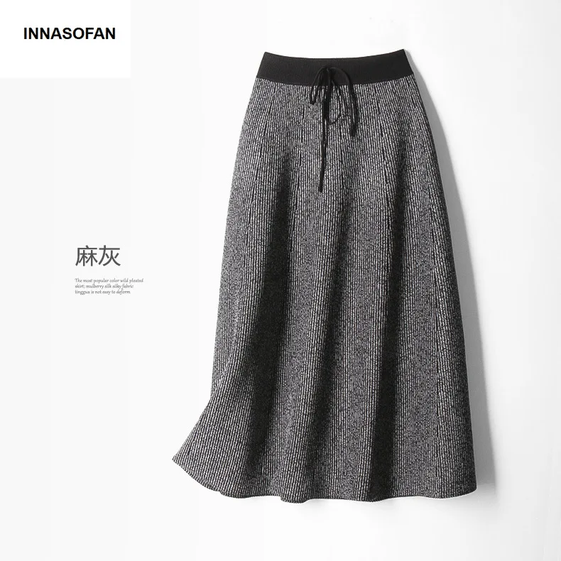 INNASOFAN, теплая трикотажная женская юбка, Осень-зима, длинная юбка, высокая талия, модная, высокая, шикарная, трапециевидная юбка, сплошной цвет