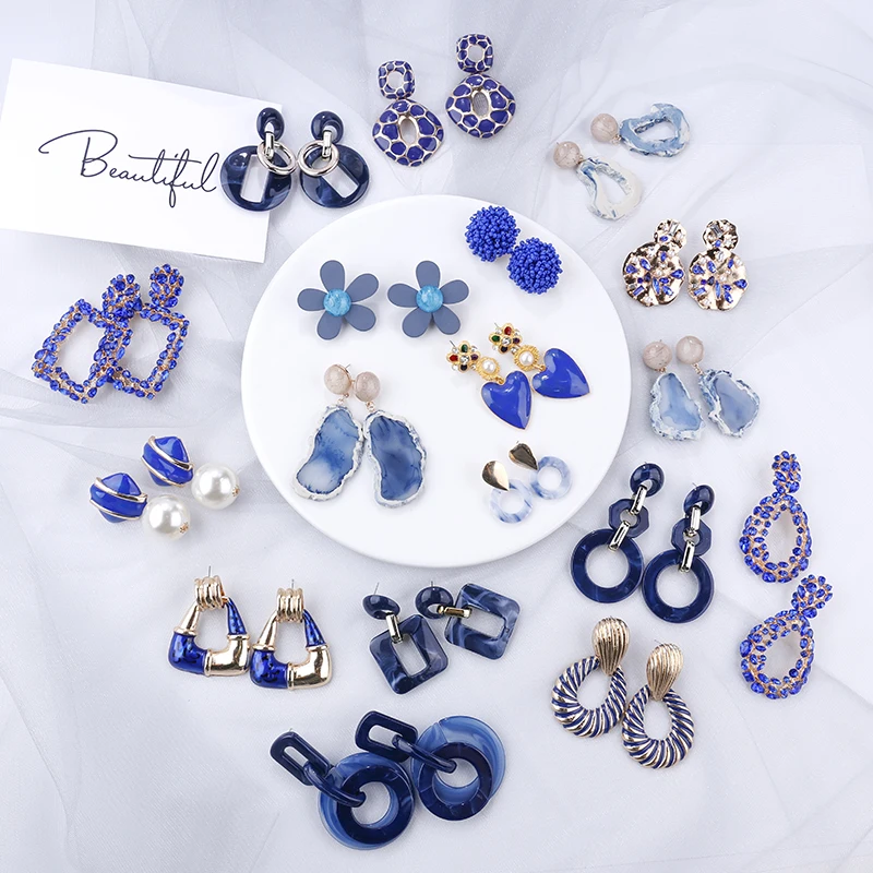 

AENSOA 2019 Korean Blue Geometric Pendant Earrings Multiple Drop Earrings Trendy Beaded Resin Acrylic Raffia Dangle Earrings