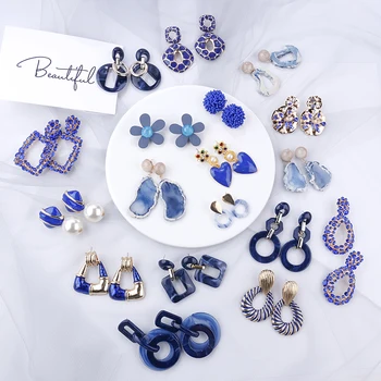 

AENSOA 2019 Korean Blue Geometric Pendant Earrings Multiple Drop Earrings Trendy Beaded Resin Acrylic Raffia Dangle Earrings