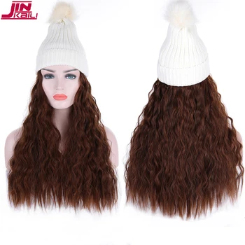 

JINKAILI Long Afro Curly Synthetic Winter knitted Beanie Hat Black Brown Hair Extension Pieces Clip For Women Heat Resistant