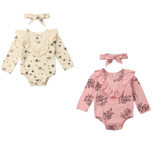 

New 2019 Autumn Newborn Baby Kid Girl Floral Long Sleeve Romper V type Ruffle Jumpsuit Headband Clothes Outfits Set
