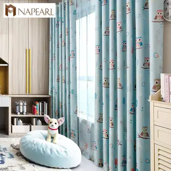 

NAPEARL Blackout Curtains Cartoon Owl Kid Bedroom Window Grommet Top Treatment with Tulle Panel Modern Short