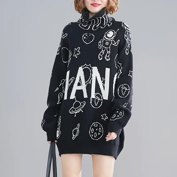 

Women Casual Black Turleneck Sweater Women Letters and Space Pattern Sweater Women Loose Knitting Oversized Clothes