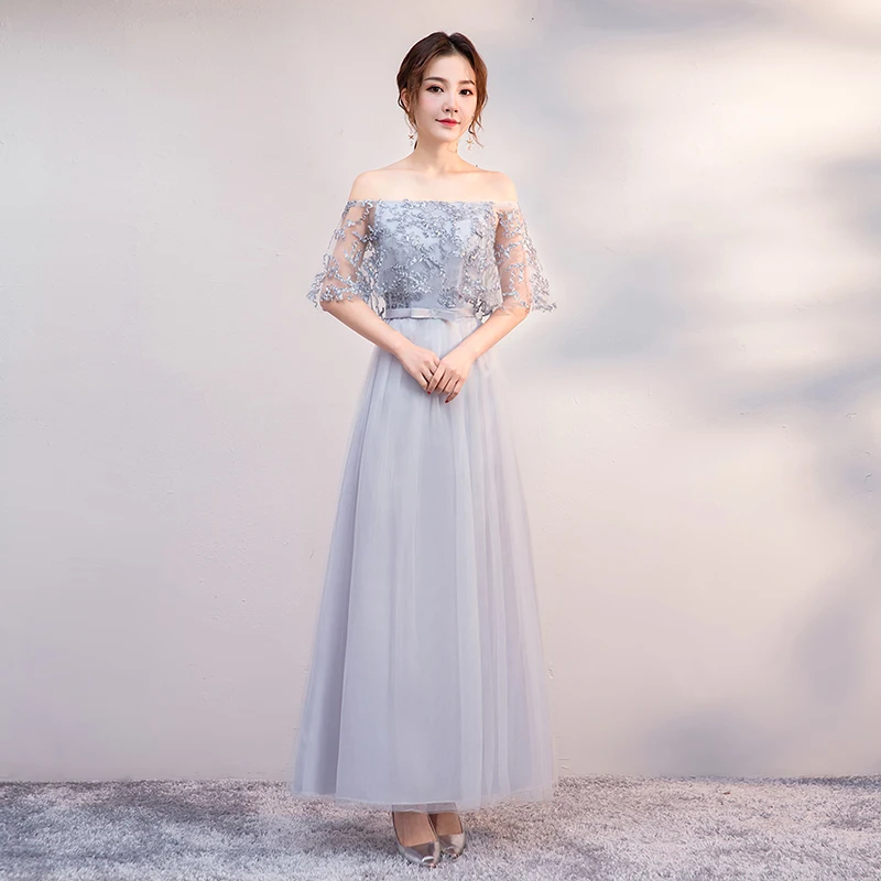 C long gray Винтажное серое длинное платье подружки невесты для свадебной вечеринки, элегантное женское Тюлевое платье с v-образным вырезом и вышивкой, Vestido Azul Marino, сексуальное платье для выпускного вечера - Цвет: C long gray