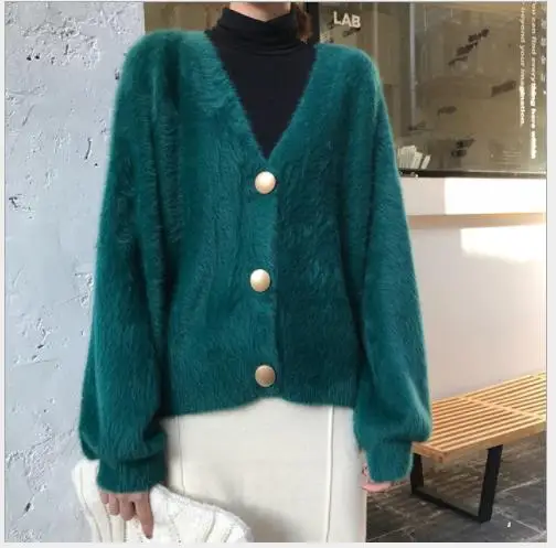 Dark Green Мягкий осенне-зимний женский свитер, кардиган, норковая шерсть, вязаные пальто, lady2019короткие вязаные топы, джемпер на пуговицах с v-образным вырезом, Вязанная одежда M198 - Цвет: Dark Green