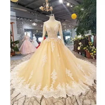 

BGW 2256ht Champagne Girls Pageant Dresses Long Tulle Sleeves O Neck Sexy V-back Lace Flowers Prom Dress Elegant Evening Dress