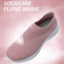 Women Comfy Slip-on Knitting Sneakers Breathable Mesh Platform Walking Shoes for Summer BHD2