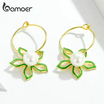 

bamoer Green Enamel Flower with Pearl Dangle Earrings for Women Authentic 925 Sterling Silver Korean Big Round Earing GXE679