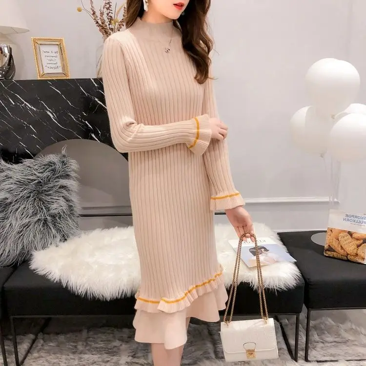 Apricot Vangull трикотажное платье-свитер Женское зимнее платье с расклешенными рукавами с высоким воротом Новое Осеннее однотонное Элегантное Длинное платье с оборками - Цвет: Apricot