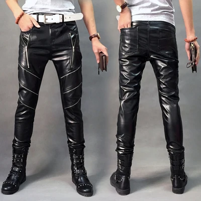 3165 black Мужские брюки из искусственной кожи, уличные, облегающие, мотоциклетные брюки для байкеров, мужские новые черные повседневные обтягивающие кожаные зауженные брюки - Цвет: 3165 black