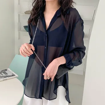 

2020 summer new women's shirt micro-transparent sunscreen solid color net red wind loose women's clothing