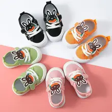 Bonito dos desenhos animados coelhos e cenoura crianças meninas sapatos de lona coreano meninos sapatilhas planas sólido hook & loop crianças sapatos macios