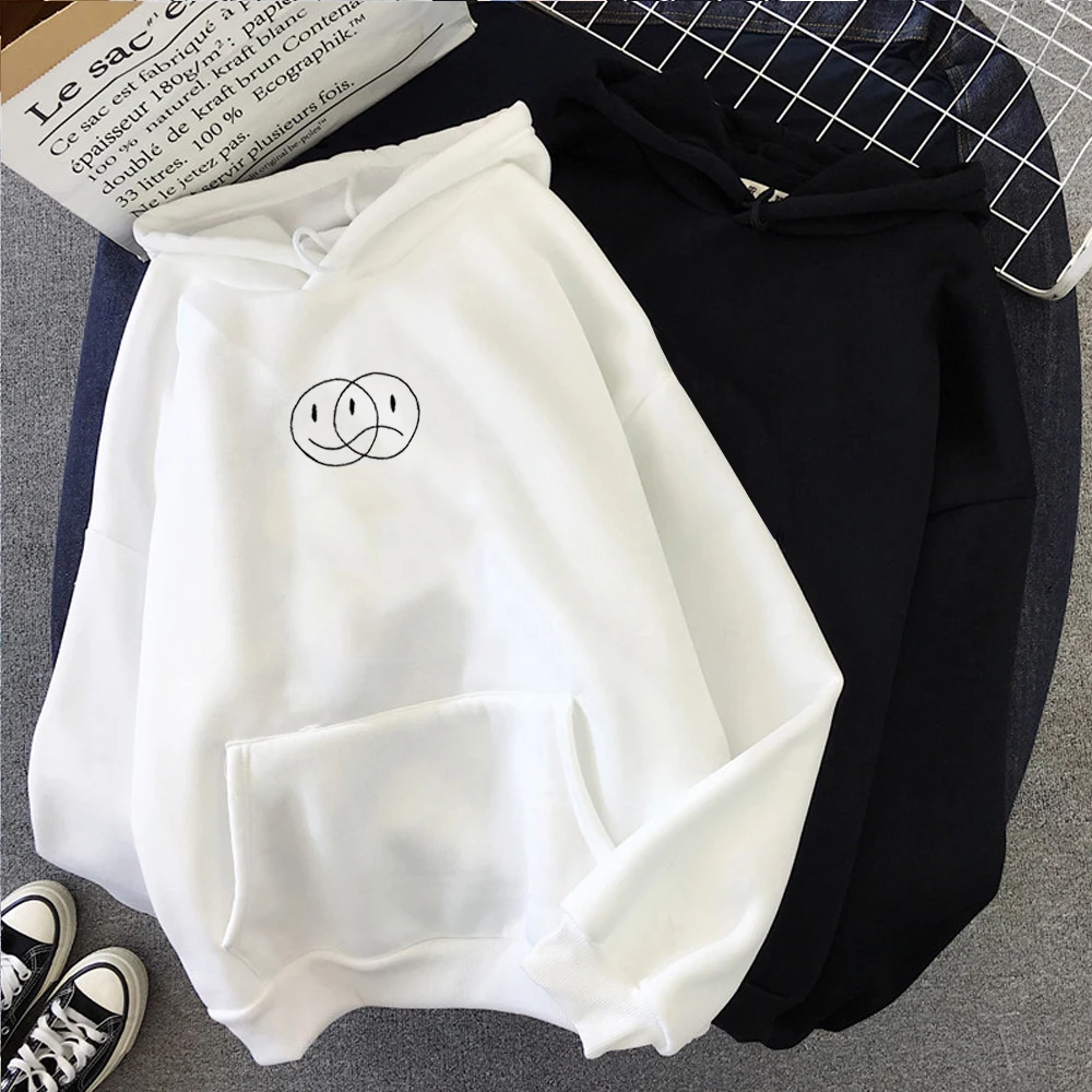 

Street sweatshirt men's ladies casual pullover hip-hop long-sleeved smile sad face line print hoodie sportswear top
