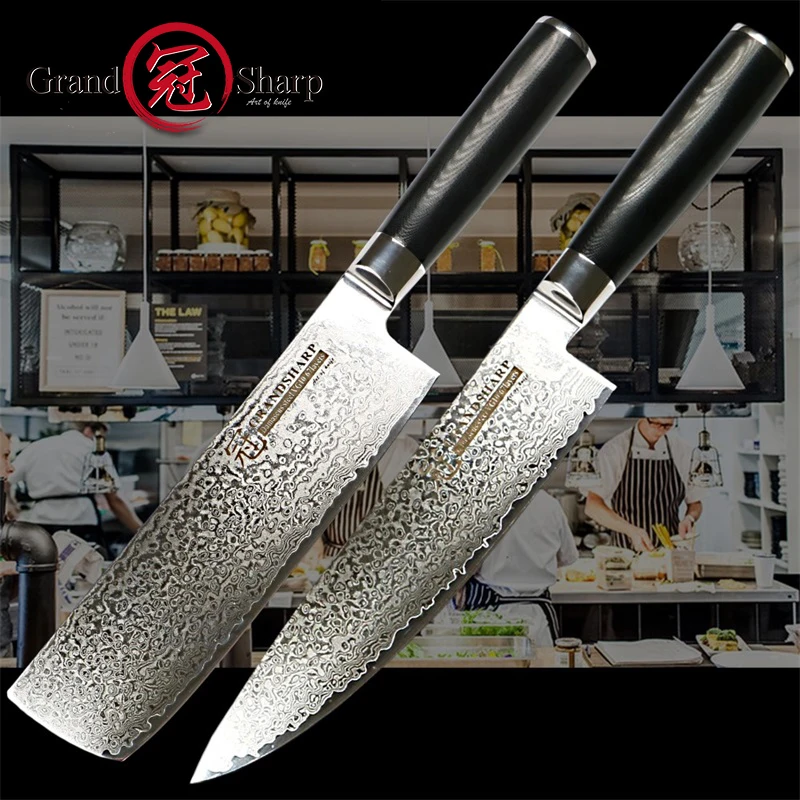 

GRANDSHARP Kitchen Knife Set 2 Pcs Chef Nakiri Japanese Damascus Steel Knife Cleaver Vegetable Kitchen Cooking Tools Gift Box