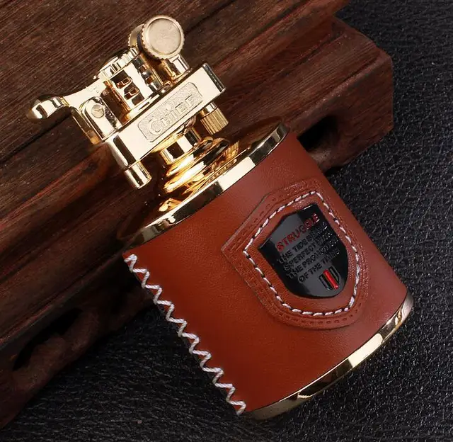 Big Size Metal With Leather Gasoline Cigarette Lighter Grinding Wheel Metal lighter Inflatable Tobacco Kerosene Carving Lighter color3