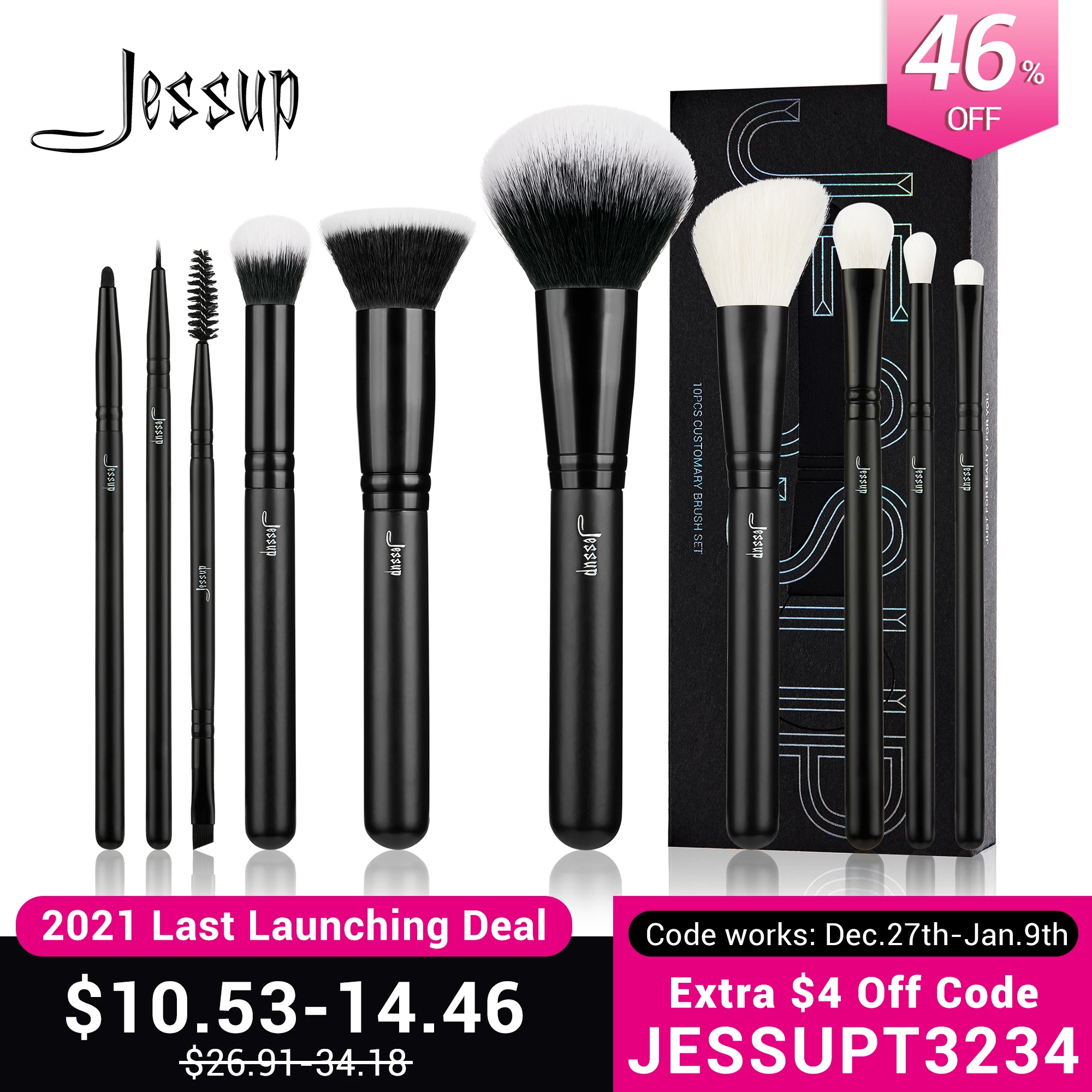  Jessup Набор Кистей для Макияжа 10шт Кисти для Пудры, Тональной Основы, Теней для век, Подводки, Кисти со Смешанным Козьим Ворсом, Кисти для …