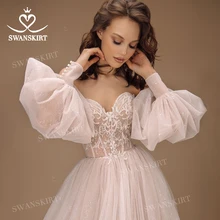 Wróżka suknia ślubna z aplikacjami kochanie 2 w 1 bufiaste rękawy linia bez pleców suknia ślubna księżniczka SwanSarah GY80 Vestido De Novia