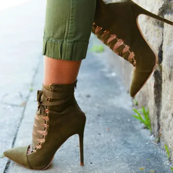 

Ankle Boots Sexy Stiletto Heel Ankle Strap Boots Dress Shoes New Design Pointed Toe Lace-up Suede Leather Green High Heel
