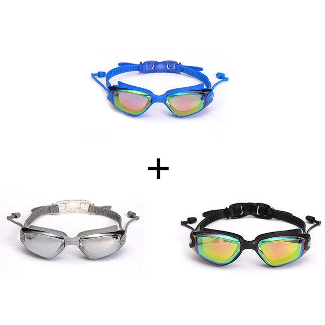 3 PCS  Professional Swimming Goggles Set Earplugs Waterproof Glasses Electroplate Anti-Fog Anti-UV Pull Buckle Adult Silicone Auburn