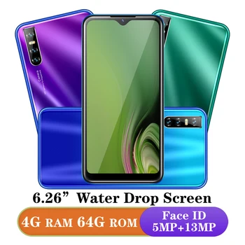 

Global smartphones A10 13MP Quad Core 4GB RAM 64GB ROM face unlocked celulars 2sim water drop screen 6.26" android mobile phones
