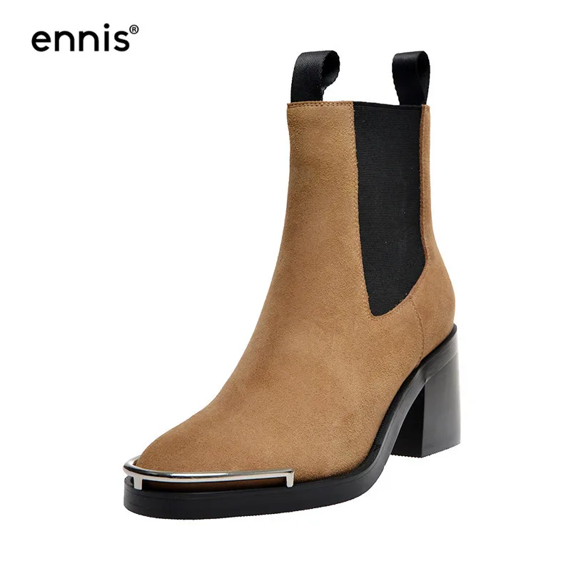 Suede Brown ENNIS/брендовые Черные ботильоны; женские ботинки на высоком каблуке; обувь из натуральной кожи на молнии; ботинки на массивном каблуке; дизайнерские ботинки челси; сезон осень; A9231 - Цвет: Suede Brown