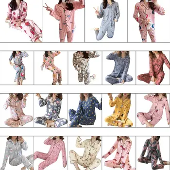

Womens Pajamas Set Kawaii Cartoon Printed Long Sleeve Sleepwear Button Down Notch Collar Loose Pants Loungewear M-2XL 19 Styles