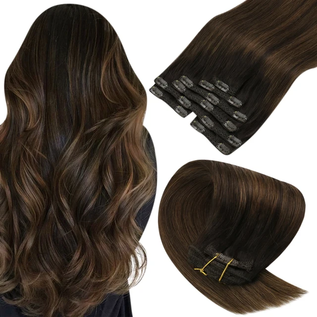 VeSunny Clip in Hair Extension Human Hair Ombre Blonde Remy Seamless Hair Extension Human Hair Brown Balayage Natural Human Hair 2-2-6