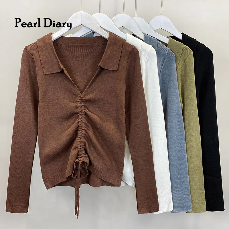 

Pearl Diary Korean Style Polo-Neck Telescope Rope Spring And Autumn Female Clothing Retro Fashion Knitted Long-Sleeve Top Women