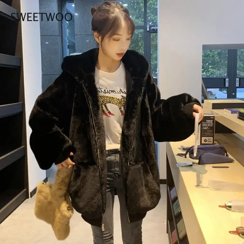 Winter Thick Warm Faux Rabbit Fur Coat New Women Long Sleeve Hooded Fur Jacket Coats Fashion Outwear