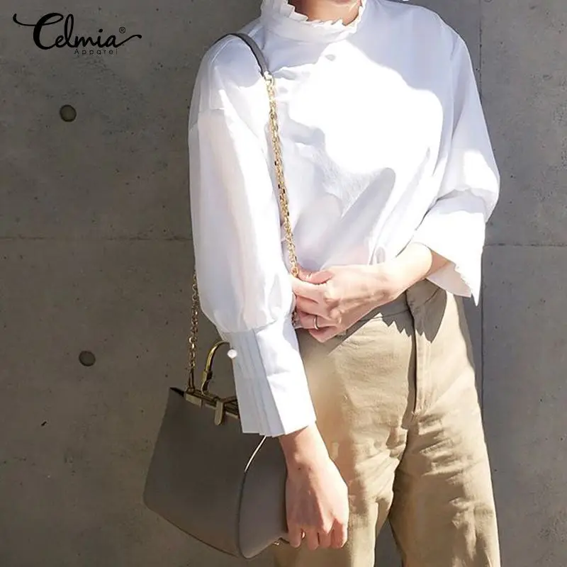 

2020 Celmia Solid Blouse Women Long Sleeve Shirts Stand Collar Casual Fashion Tops Vintage Loose Work Blusas Plus Size S-5XL 7